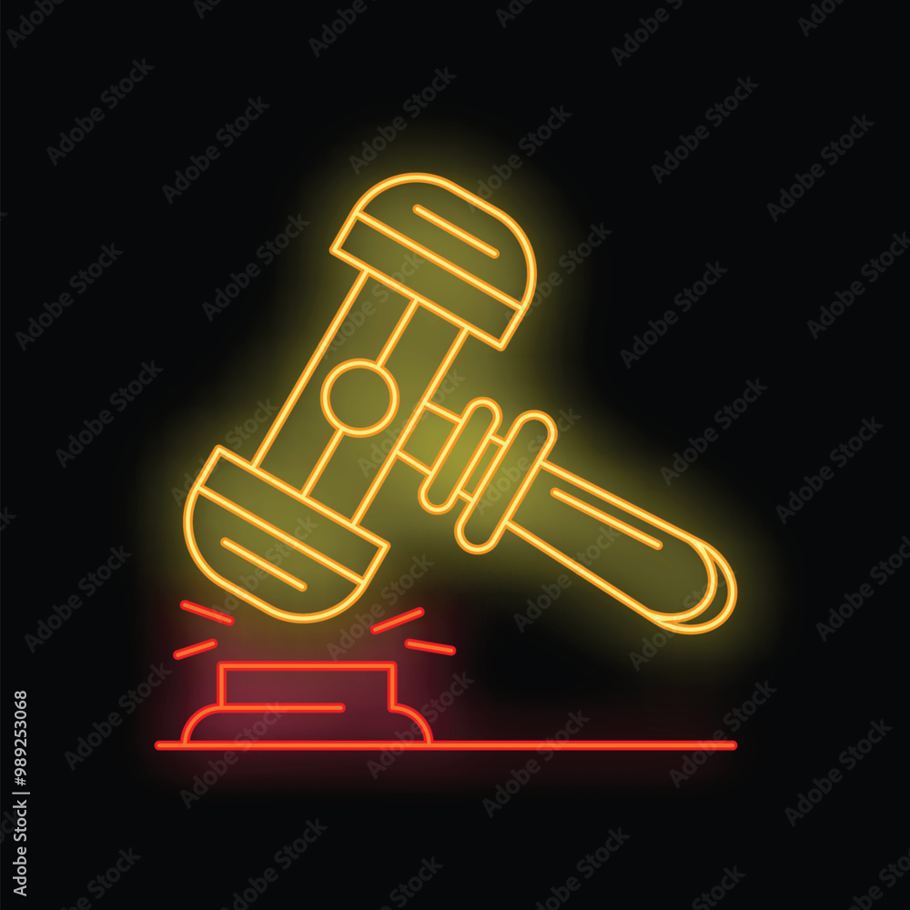 Gavel hitting sound block in yellow and red neon light, great icon for legal, justice or auction concepts Gavel hitting sound block in yellow and red neon light, great icon for legal, justice or auction concepts