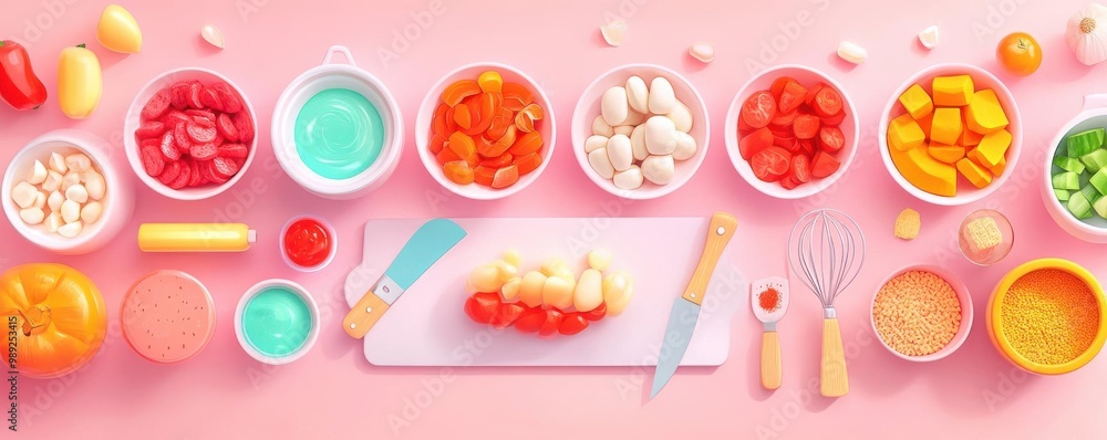 Cooking class flat design top view culinary cartoon drawing Triadic Color Scheme Cooking class flat design top view culinary cartoon drawing Triadic Color Scheme