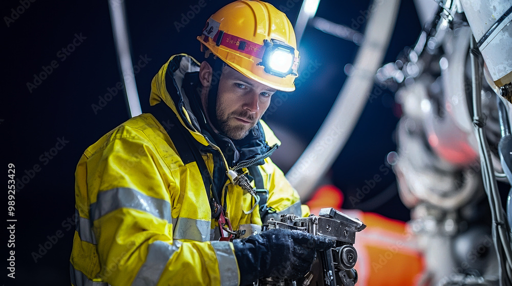 Fototapeta premium Worker in safety gear inspecting machinery