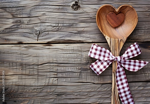 Wooden Heart Spoon with Gingham Bow on Rustic Background photo