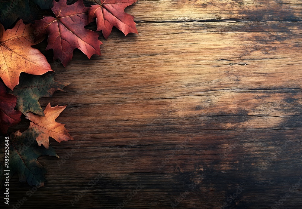 Obraz premium Autumn Leaves Wooden Table Background