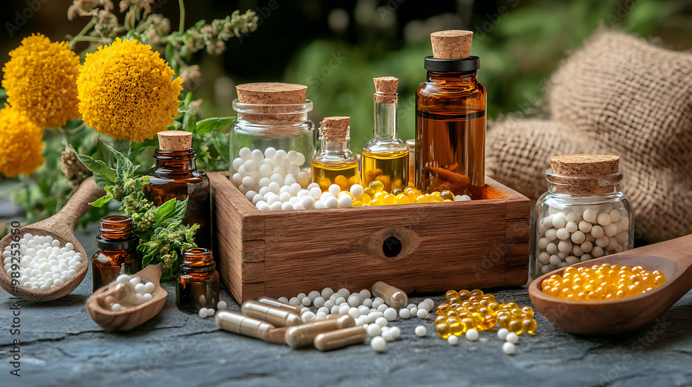 A variety of homeopathic remedies displayed in a wooden box, with essential oils, herbs, and natural supplements placed next to them on a table. A variety of homeopathic remedies displayed in a wooden box, with essential oils, herbs, and natural supplements placed next to them on a table.