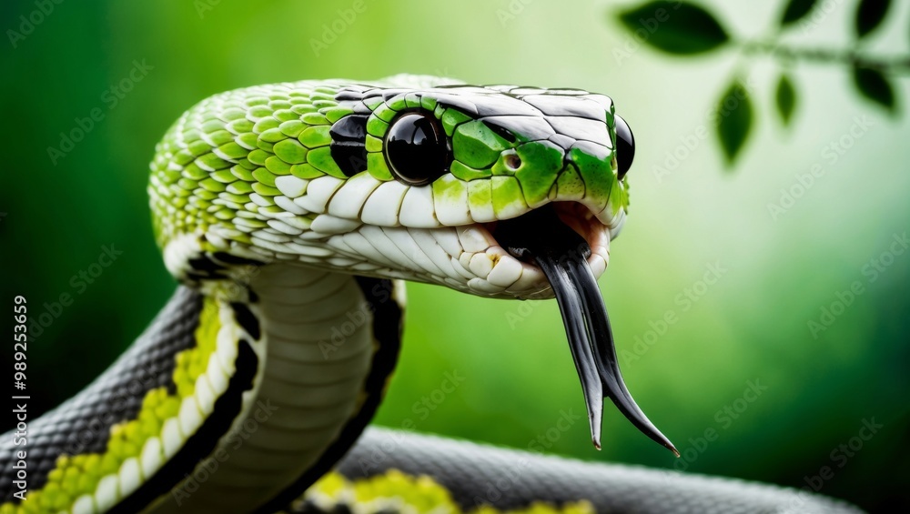 Fototapeta premium Green snake with tongue out in nature
