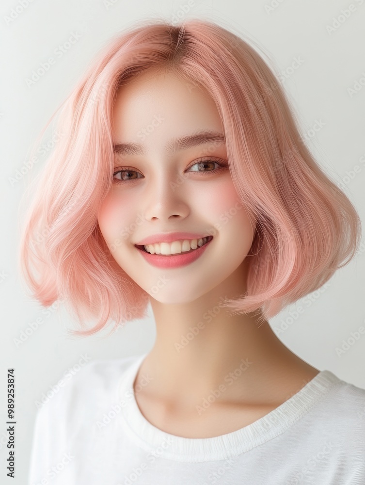 A cheerful young woman with pink hair, showcasing a bright smile and vibrant personality against a clean, minimalist background. A cheerful young woman with pink hair, showcasing a bright smile and vibrant personality against a clean, minimalist background.