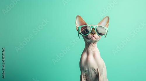 Portrait of a playful Sphynx cat in oversized sunglasses, placed on a cool mint green studio backdrop with modern lighting that accentuates its hairless skin, copy space photo