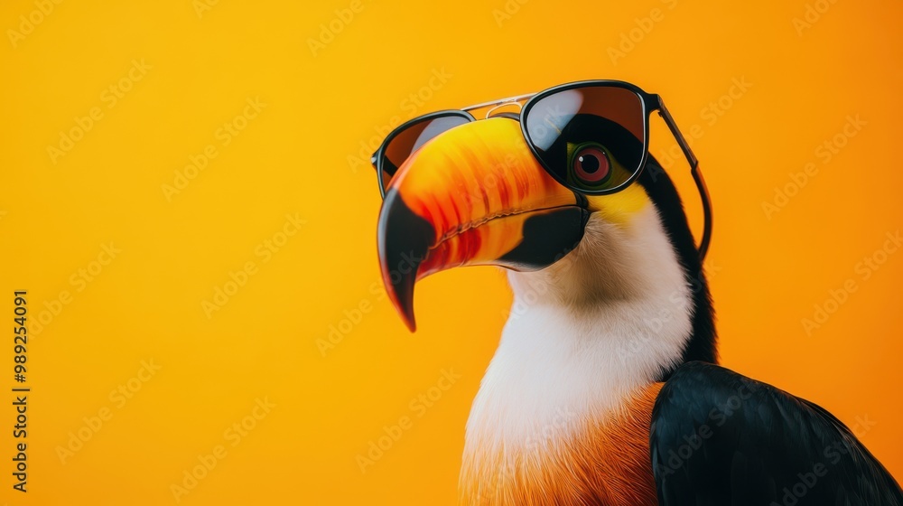 Naklejka premium Portrait of a quirky Toucan in oversized aviator sunglasses, set against a bold orange studio backdrop with warm lighting, copy space. 