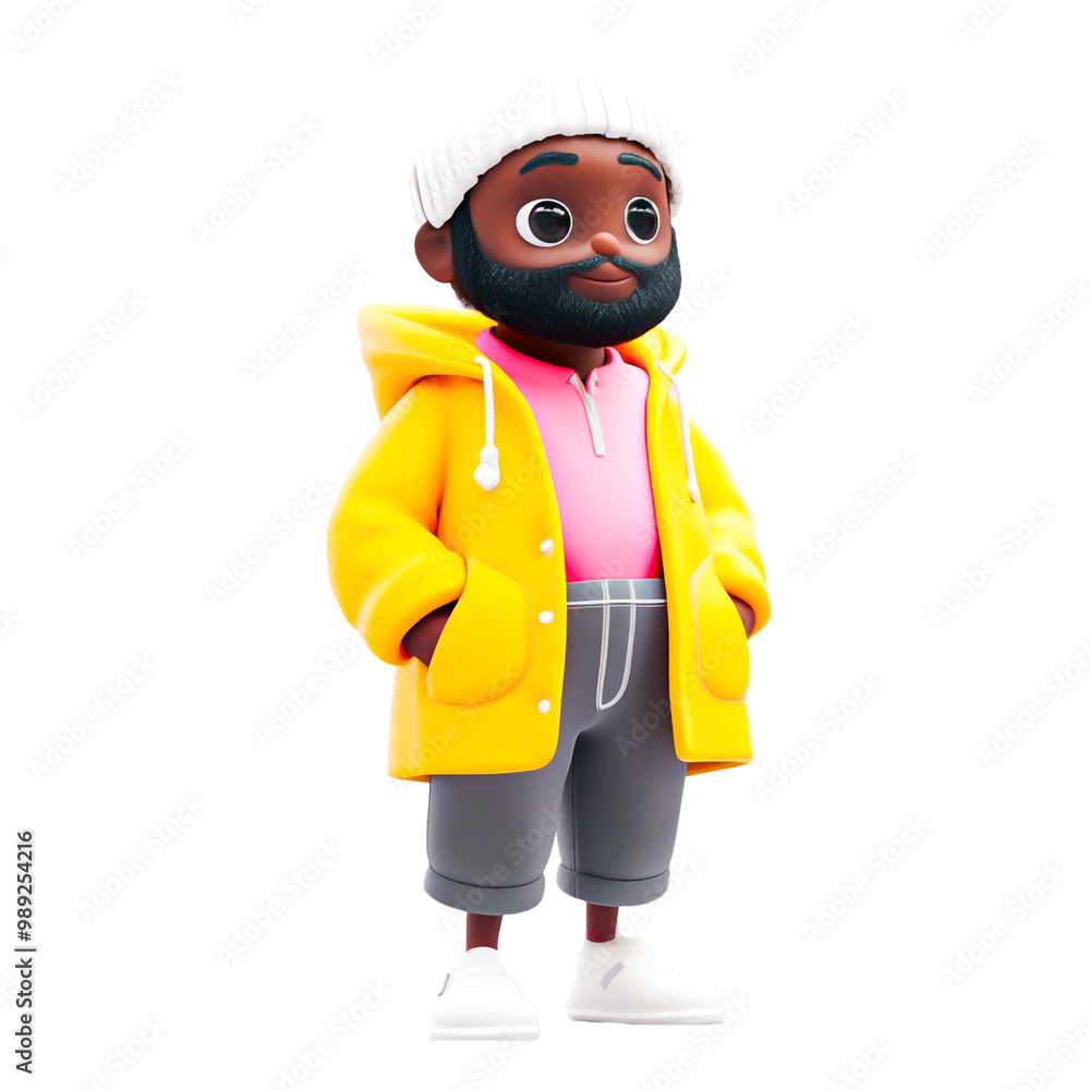 Obraz premium Cute cartoon man with pigtails, wearing a yellow raincoat, white cap and boots, no background, transparent background