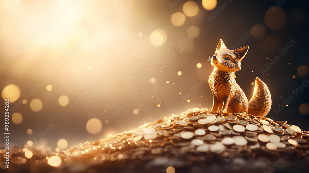 Fototapeta premium A charming fox perched atop a pile of gold coins, radiating warmth and magic in a dreamy atmosphere.