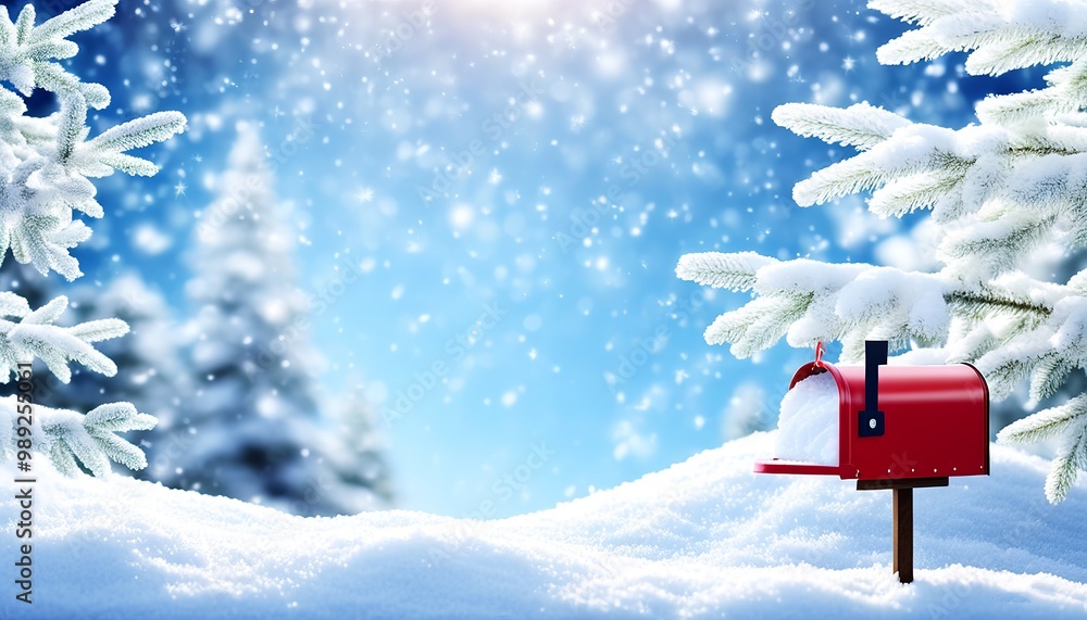 Naklejka premium A snow-covered mailbox with holiday decorations and a snowy backdrop. Made with Generative AI Technology