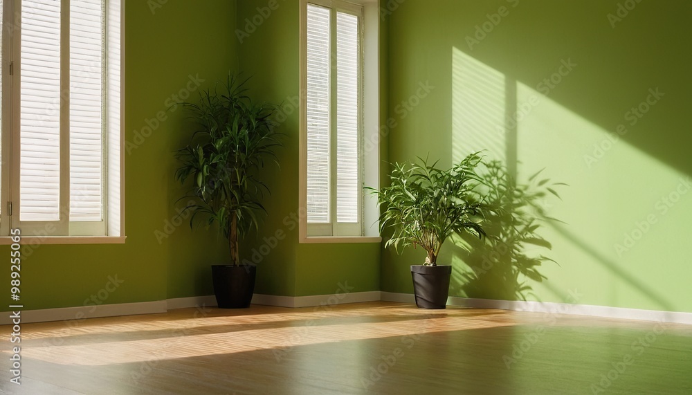 Sunlight casting shadows through windowpanes in a serene green room with a single potted plant, evoking a sense of calm and simplicity 30 Sunlight casting shadows through windowpanes in a serene green room with a single potted plant, evoking a sense of calm and simplicity 30