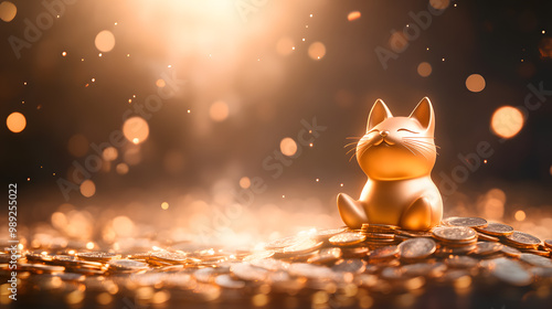 A cheerful golden cat figurine sitting amidst sparkling coins, radiating warmth and charm in a dreamy light atmosphere.