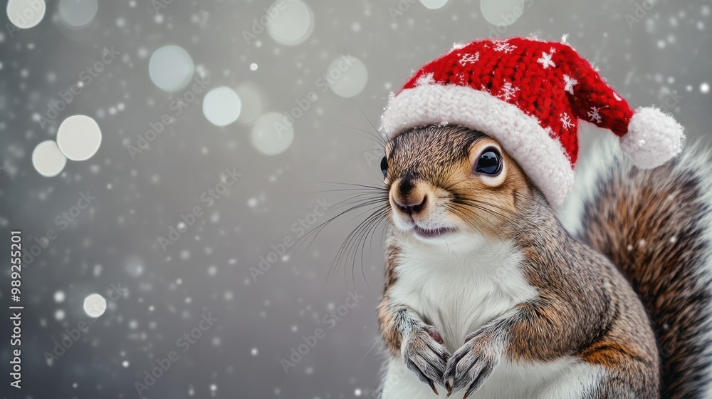 Portrait of a sleek Squirrel in a winter-themed hat, placed against a snowy gray studio backdrop with soft lighting, copy space, squirrel Christmas hat, holiday rodent portrait, festive animal Portrait of a sleek Squirrel in a winter-themed hat, placed against a snowy gray studio backdrop with soft lighting, copy space, squirrel Christmas hat, holiday rodent portrait, festive animal