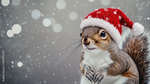 Portrait of a sleek Squirrel in a winter-themed hat, placed against a snowy gray studio backdrop with soft lighting, copy space, squirrel Christmas hat, holiday rodent portrait, festive animal 