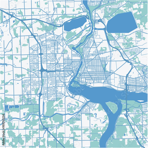 Map of Niagara Falls in Canada in a professional blue style. Contains layered vector with roads water, parks, etc.