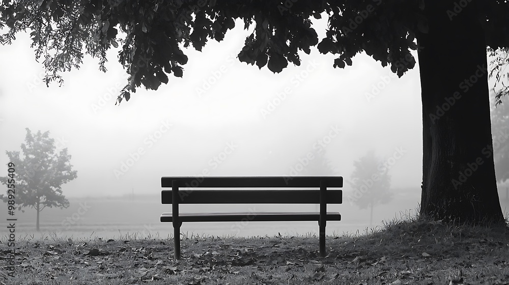 Tranquil Minimalism - High-Quality Monochrome Photo of Solitary Bench in Quiet Park Tranquil Minimalism - High-Quality Monochrome Photo of Solitary Bench in Quiet Park