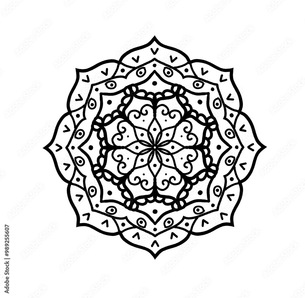 Intricate Black and White Mandala Design with Detailed Floral and Geometric Patterns illustration. Antistress coloring page Intricate Black and White Mandala Design with Detailed Floral and Geometric Patterns illustration. Antistress coloring page