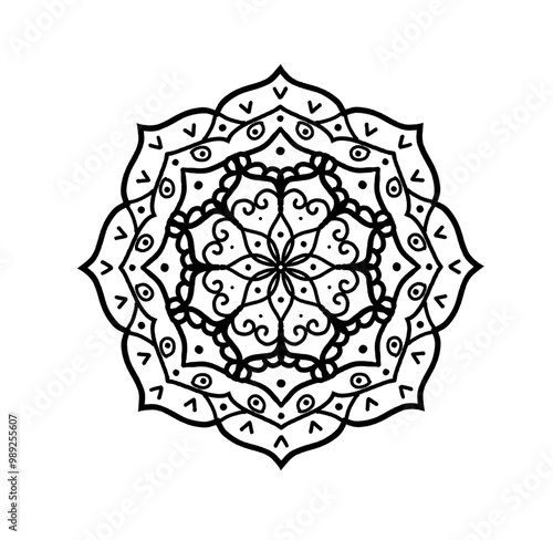 Intricate Black and White Mandala Design with Detailed Floral and Geometric Patterns illustration. Antistress coloring page 