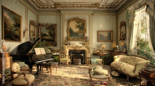 Elegant Victorian Living Room with Grand Piano