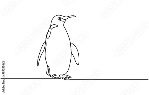 Penguin continuous one line art drawing of vector, One line penguin, sketch. Outline monochrome vector illustration of polar animal isolated on white background,