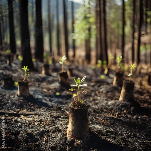 New tree saplings growing after wildfire, reforestation in burnt forest, environmental recovery, nature regeneration, forest restoration, young plants emerging, hope after fire destruction