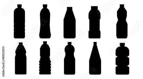Isolate silhouette Bottle vector set, Platic bottles icon design, Water bottle illustration, Black simple pictogram, Bar and Beverage graphic elements on white background, vector stock (Editable)
