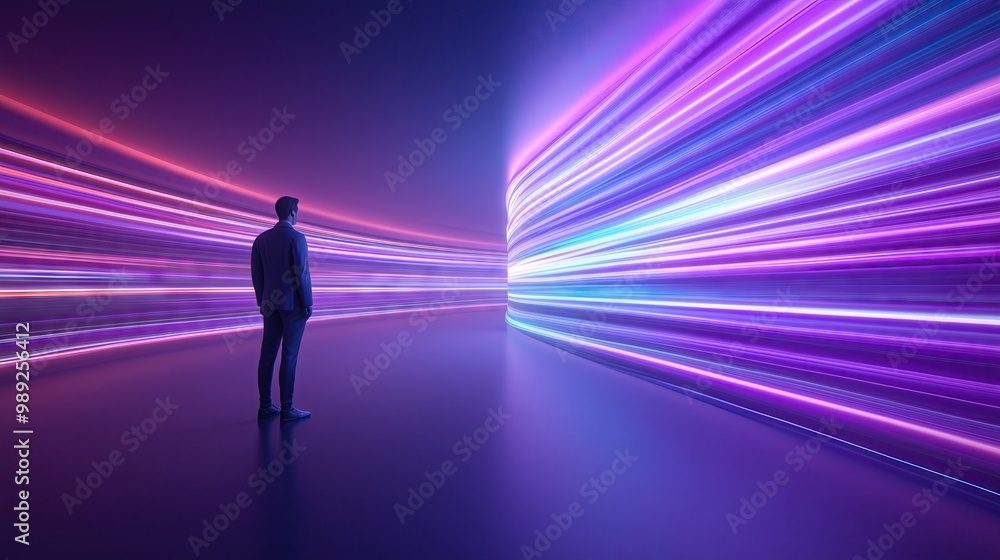 A futuristic digital scene showing a man standing against a backdrop of fast-moving light lines, representing the flow of information in the development of artificial intelligence into the future. A futuristic digital scene showing a man standing against a backdrop of fast-moving light lines, representing the flow of information in the development of artificial intelligence into the future.