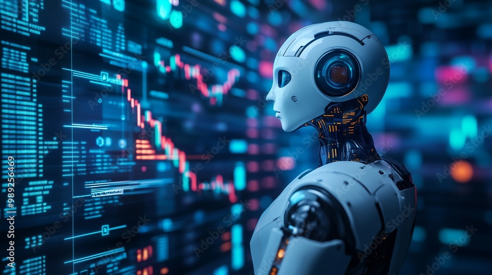 A humanoid robot analyzes financial data against a backdrop of holographic graphs and digital displays in a futuristic tech environment A humanoid robot analyzes financial data against a backdrop of holographic graphs and digital displays in a futuristic tech environment