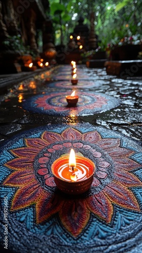 A vibrant rangoli adorned with glowing oil lamps creates a serene and festive ambiance along a wet pathway during a Diwali celebration. photo