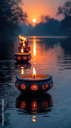 A row of glowing oil lamps float peacefully on a calm river at sunset, their reflections creating a serene and spiritual ambiance during a tranquil ceremony. photo