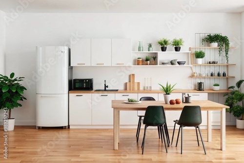 White scandinavian kitchen interior with dining room and wooden floor. Simply furniture with utensils, shelves with crockery and plants in pot, refrigerator in modern minimal design