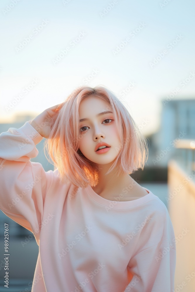 A young woman with pastel pink hair poses thoughtfully, capturing a serene moment against a bright, sunny background. A young woman with pastel pink hair poses thoughtfully, capturing a serene moment against a bright, sunny background.
