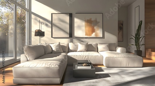 Cozy and Inviting Modern Living Room with Large Comfortable Sectional Sofa Minimalist Stylish Decor and Abundant Natural Light