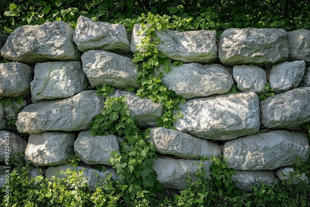 Stone Wall With Lush Green Vines Growing Through It Stone Wall With Lush Green Vines Growing Through It