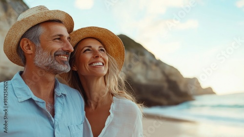 Mature couple on the beach feeling happy on vacation, breathtaking view photo