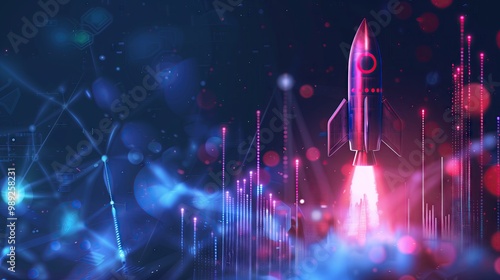 Associated with the increasing graphic with the phrase 'traffic' Rocket launch, traffic growth, business success, startup growth, increased traffic, digital marketing, analytics, business performance.