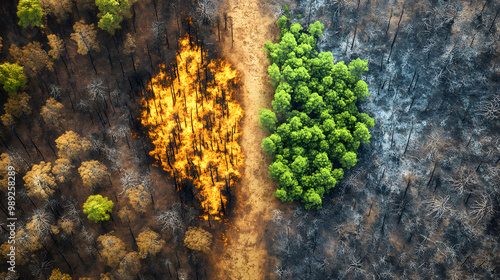  Aerial view of forest fire and green trees, contrasting wildfire impact, nature vs destruction, environmental crisis, forest recovery, wildfire prevention, climate change, reforestation, fire  photo