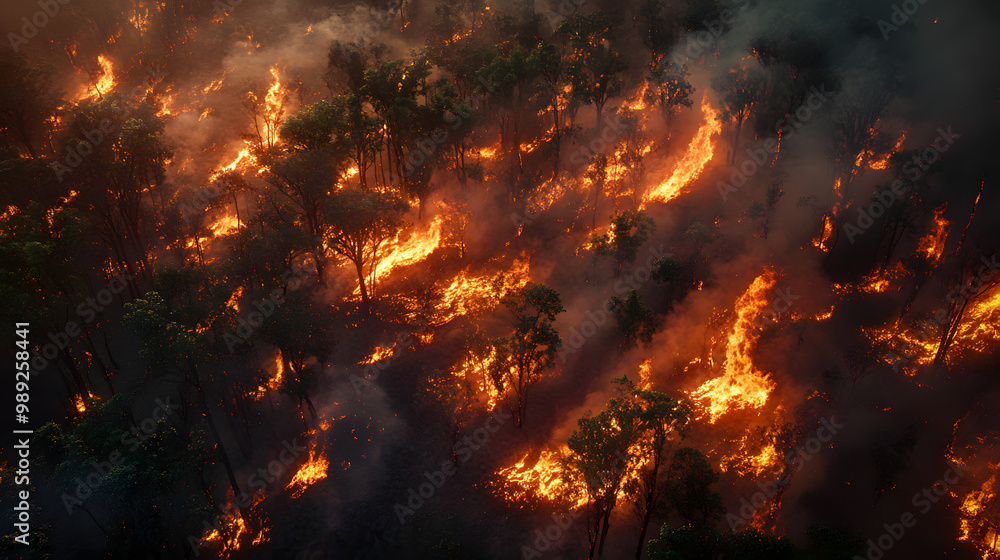 Forest wildfire in action, raging flames, environmental disaster, forest fire devastation, nature destruction, wildfire impact, climate change effects, burning forest, fire emergency Forest wildfire in action, raging flames, environmental disaster, forest fire devastation, nature destruction, wildfire impact, climate change effects, burning forest, fire emergency