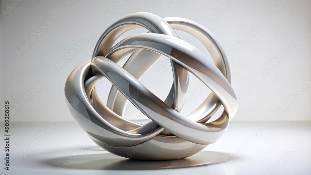 Modern sculpture with intertwined tubes forming a sphere is standing on a white pedestal Modern sculpture with intertwined tubes forming a sphere is standing on a white pedestal