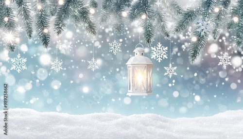 Christmas Lantern Hanging from a Snowy Fir Branch, glowing softly amidst the night, gently falling snowflakes and shimmering golden bokeh lights. Made with Generative AI Technology