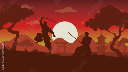 Two Swordsmen Practicing in the Afternoon - Beautiful 2D Landscape Silhouette Wallpaper