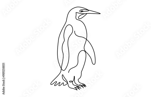 Penguin continuous one line art drawing of vector, One line penguin, sketch. Outline monochrome vector illustration of polar animal isolated on white background,