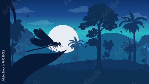 A Dragonfly Perched on a Leaf in a Beautiful Forest in the Morning - Beautiful 2D Landscape Silhouette Wallpaper