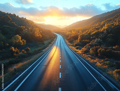 10Morning sunlight casts long shadows on a deserted highway, captured in 8K resolution with ultrarealistic detail and perfect focus photo