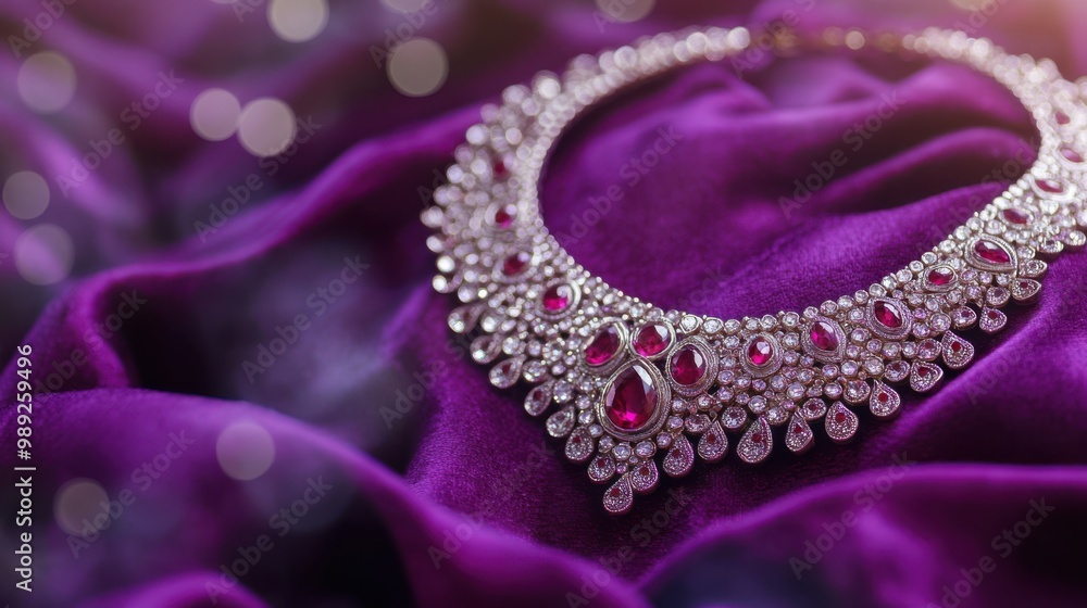 Obraz premium Shiny silver and ruby necklace on a luxurious royal purple velvet cloth, with a purple-to-silver gradient background and subtle festive sparkles, Copy space, happy Diwali background, traditional