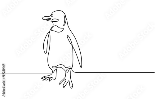 Penguin continuous one line art drawing of vector, One line penguin, sketch. Outline monochrome vector illustration of polar animal isolated on white background,