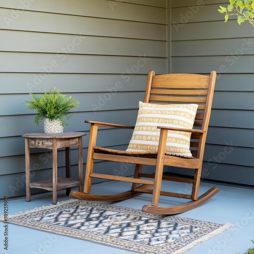 Patio with a quaint wooden rocking chair, a small side table, and a decorative rug