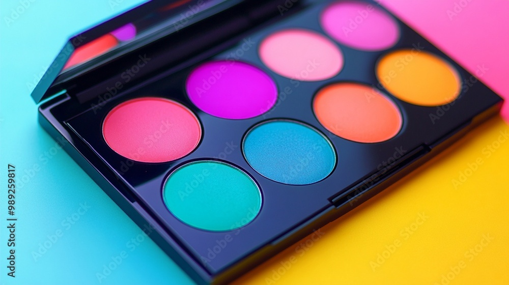 Vibrant makeup palette featuring bold eyeshadow colors on a bright blue and yellow background, perfect for creative and expressive cosmetic artistry. Vibrant makeup palette featuring bold eyeshadow colors on a bright blue and yellow background, perfect for creative and expressive cosmetic artistry.
