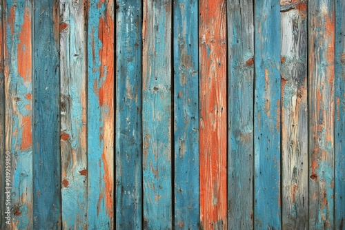 Weathered Wooden Planks with Peeling Blue and Orange Paint photo