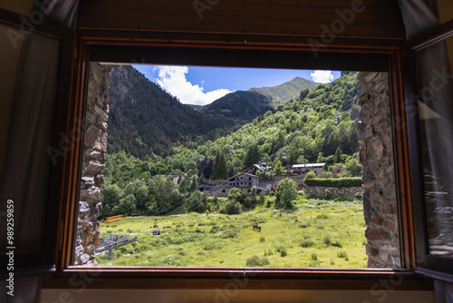View of green mountains from the open window , Andorra, Ordino, Pirineos
