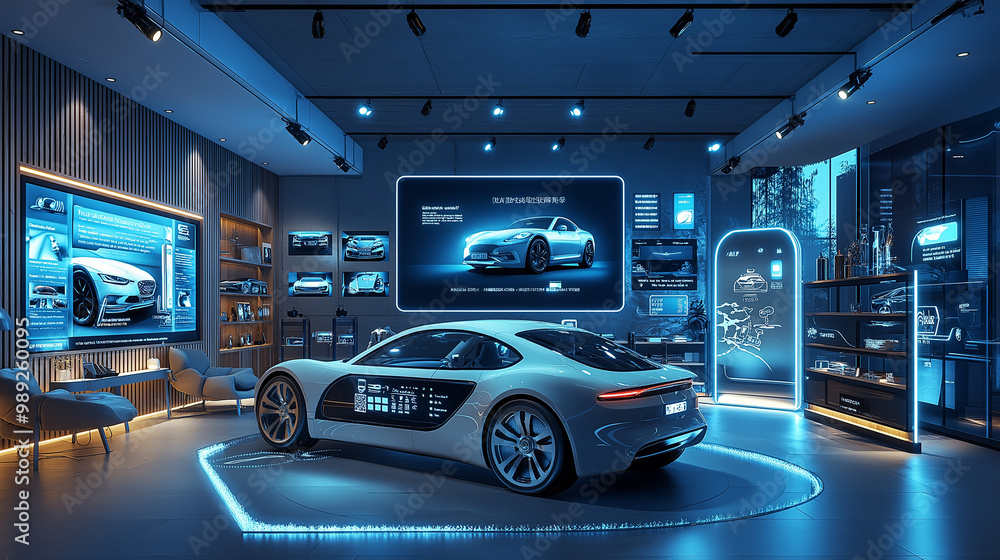 a photostock image of a futuristic smart car showroom control hub in augmented reality, showing compatibility with various smart devices and voice control features in a modern showroom a photostock image of a futuristic smart car showroom control hub in augmented reality, showing compatibility with various smart devices and voice control features in a modern showroom
